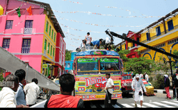 Colorful street scene with film equipment